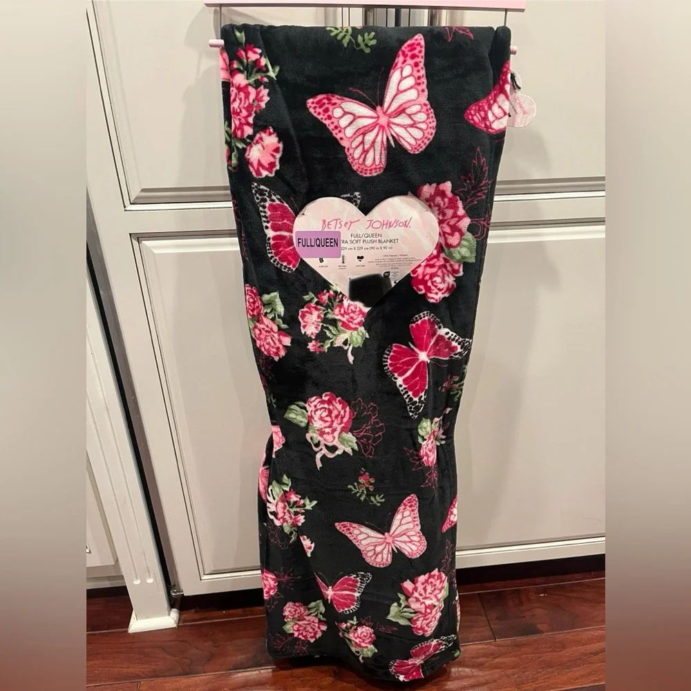 Betsey Johnson Pink and Black Butterfly Roses Blanket Full/Queen